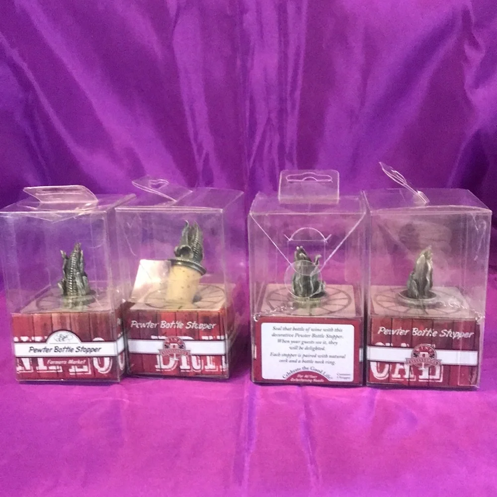 NWT Epic Set of 4 pewter corn husk wine bottle stopper Farmers market collection